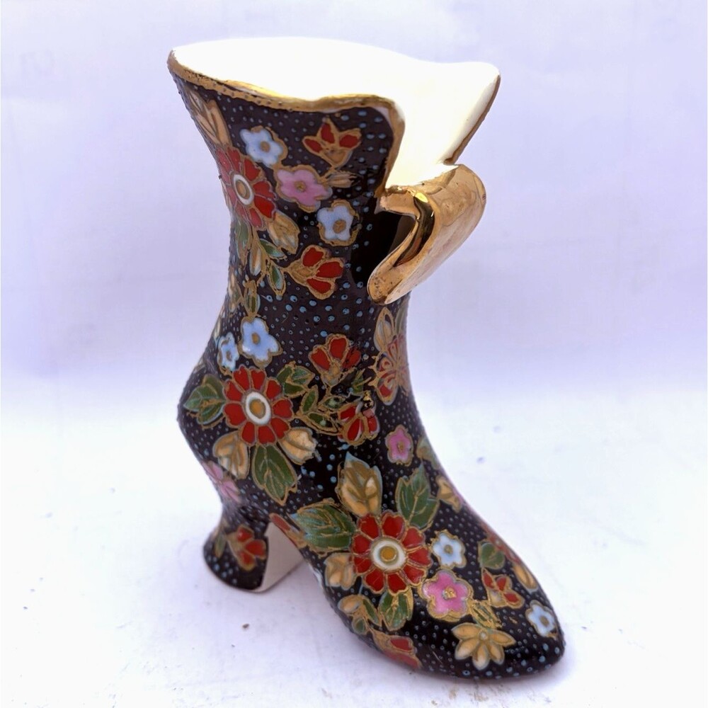 Vintage Cloisonné Miniature Victorian Boot Shoe Figurine Blue Floral Gold 5x4”